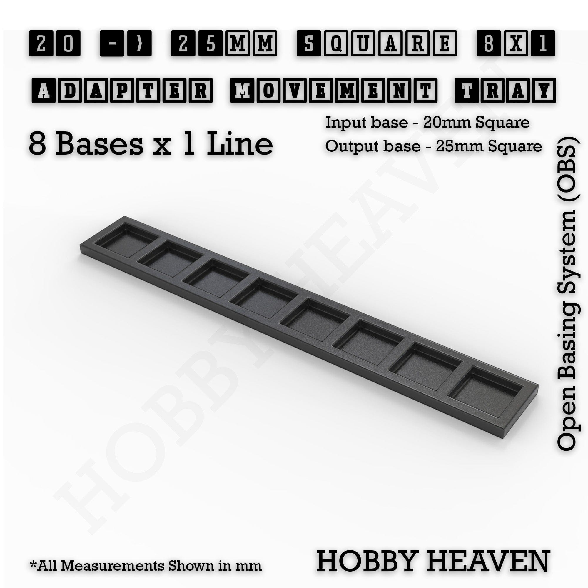 Movement Tray 20 to 25mm Adapter 8x1 (8 bases x 1 Line) Square and Rectangle Movement Trays Adapters for Tabletop Games