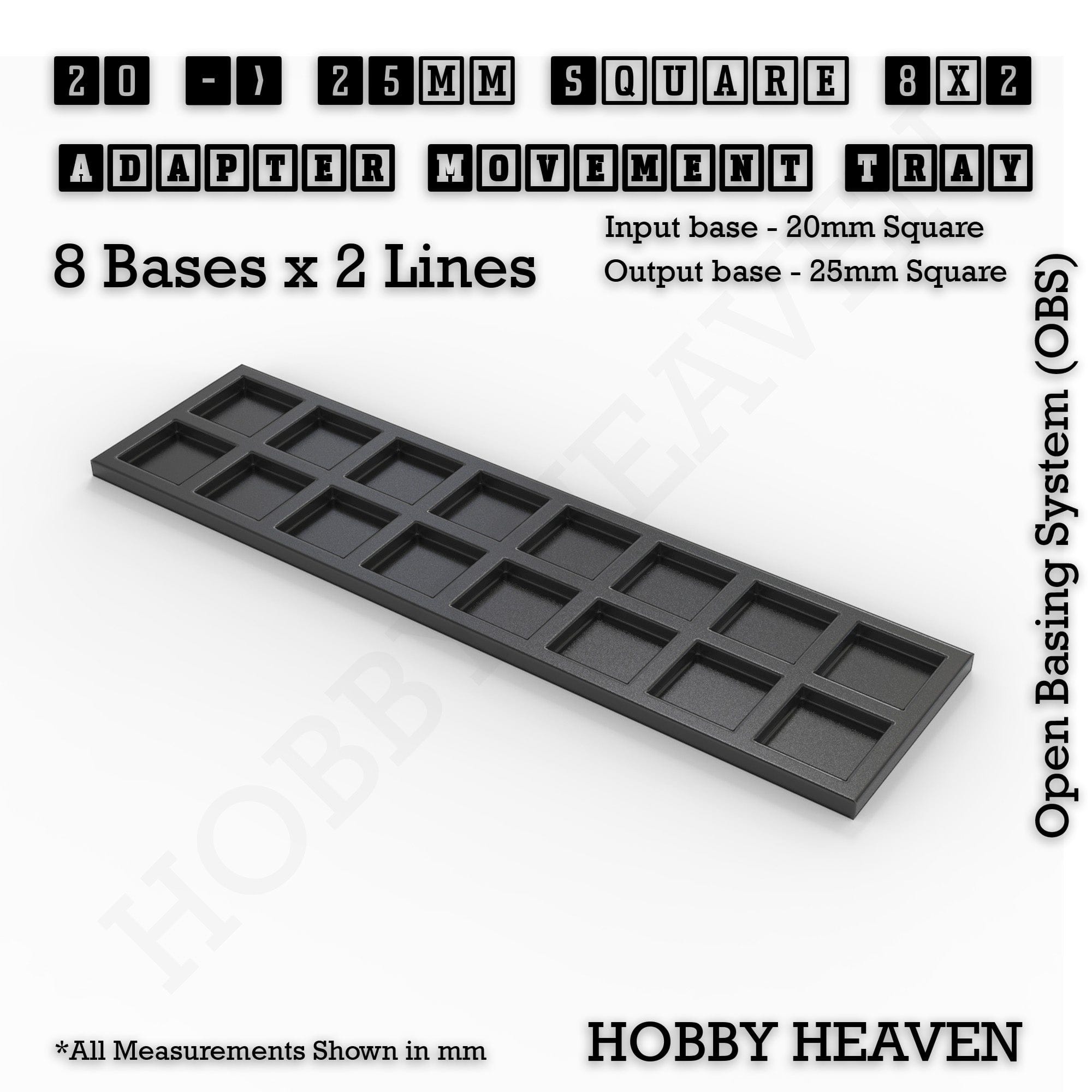 Movement Tray 20 to 25mm Adapter 8x2 (8 bases x 2 Lines) Square and Rectangle Movement Trays Adapters for Tabletop Games