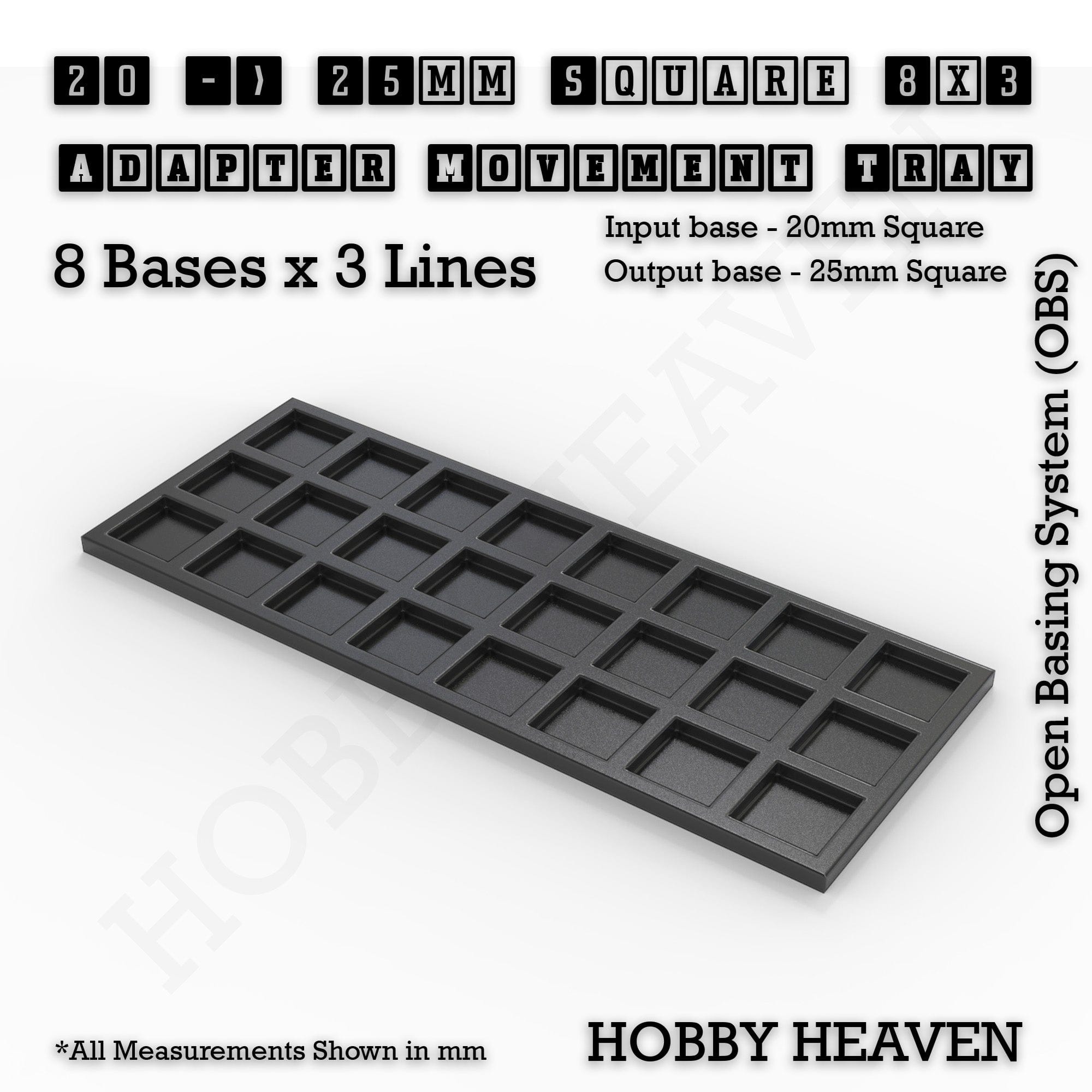 Movement Tray 20 to 25mm Adapter 8x3 (8 bases x 3 Lines) Square and Rectangle Movement Trays Adapters for Tabletop Games