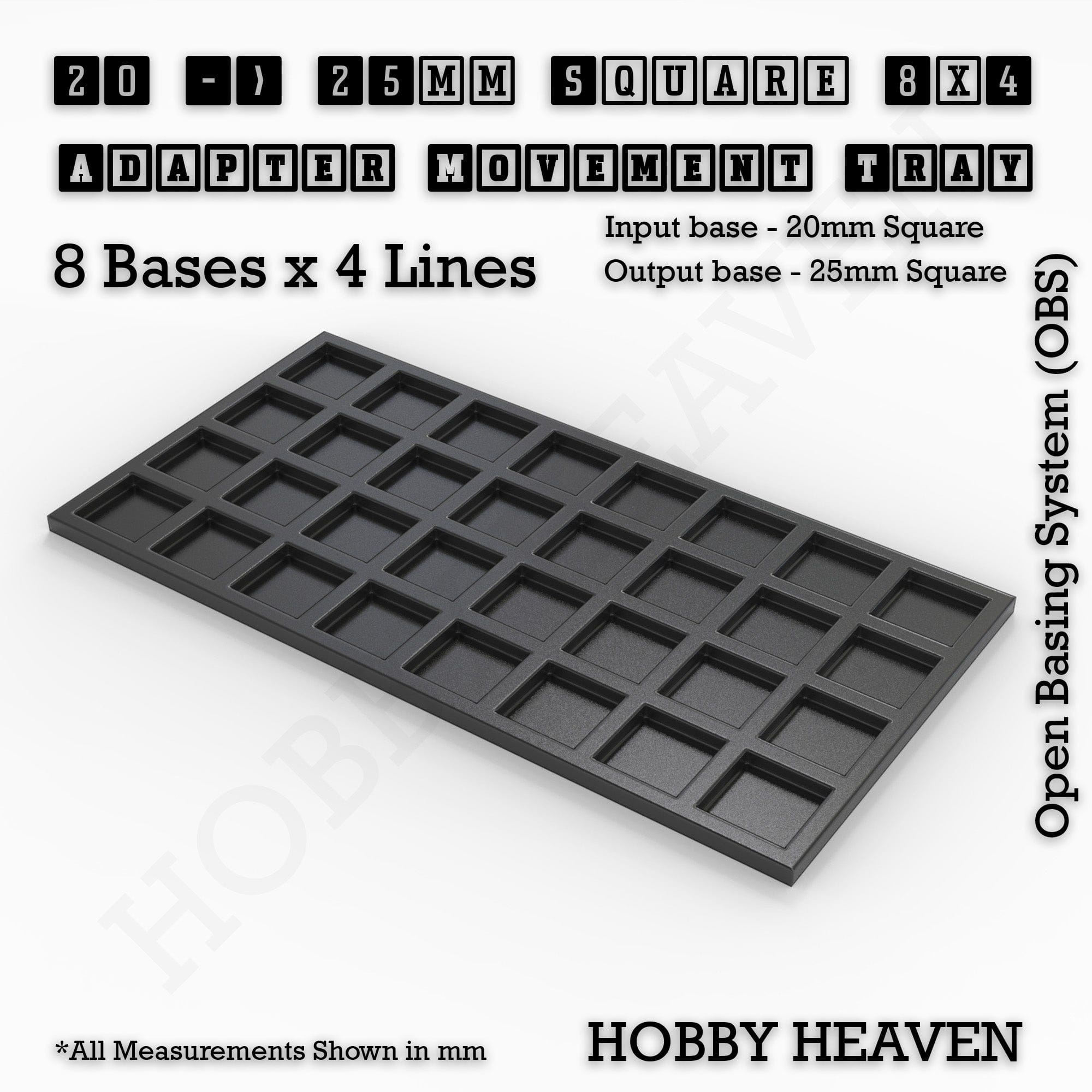 Movement Tray 20 to 25mm Adapter 8x4 (8 bases x 4 Lines) Square and Rectangle Movement Trays Adapters for Tabletop Games