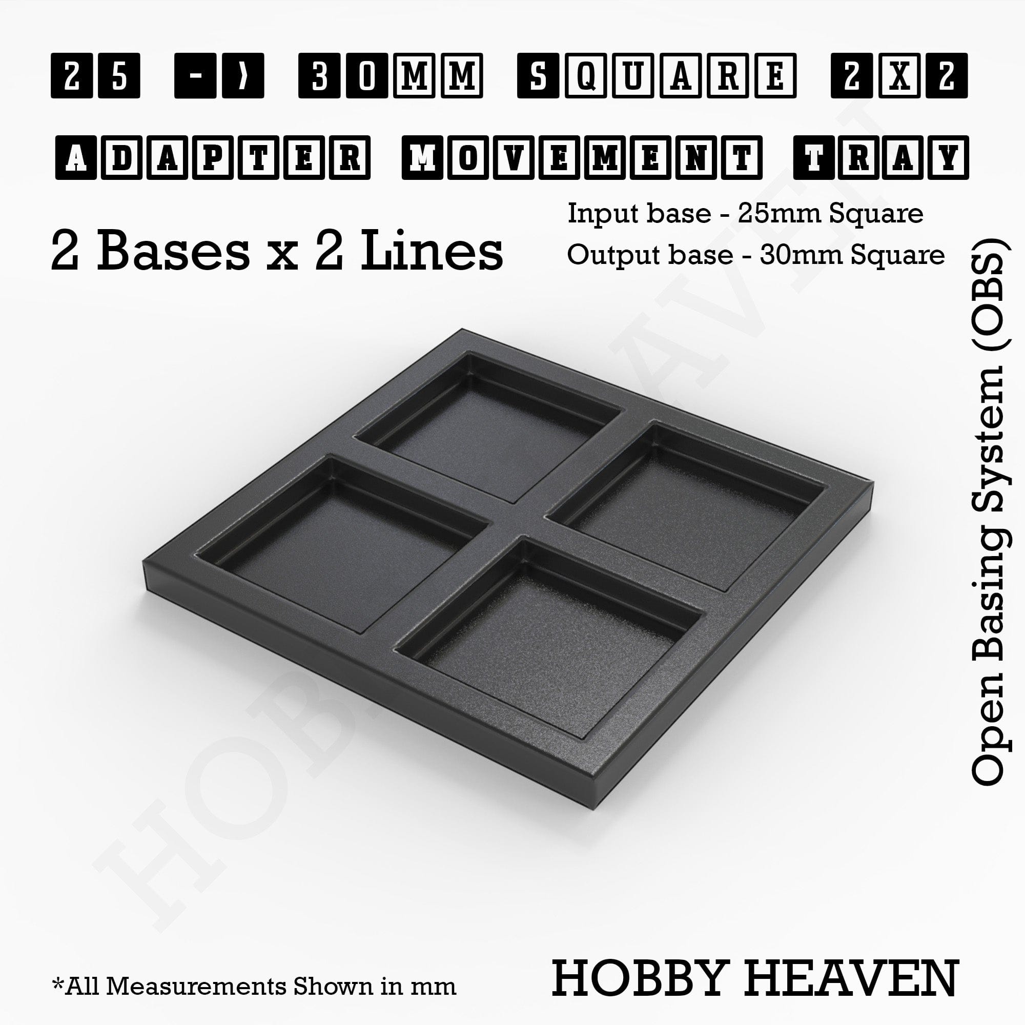 Movement Tray 25 to 30mm Adapter 2x2 (2 bases x 2 Lines) Square and Rectangle Movement Trays Adapters for Tabletop Games