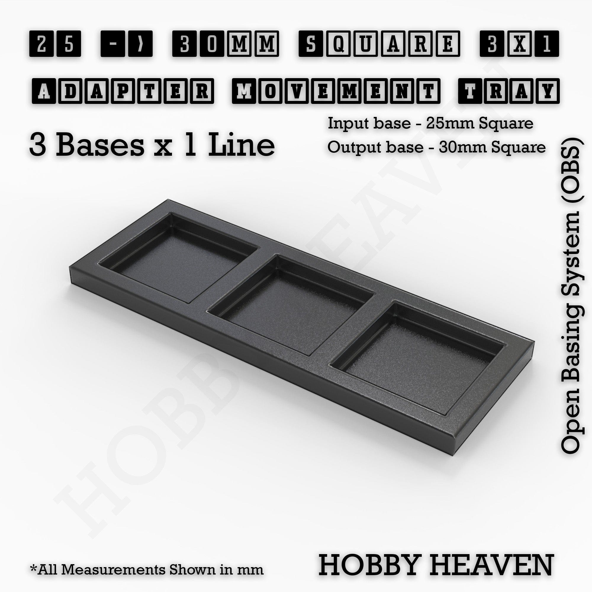 Movement Tray 25 to 30mm Adapter 3x1 (3 bases x 1 Line) Square and Rectangle Movement Trays Adapters for Tabletop Games
