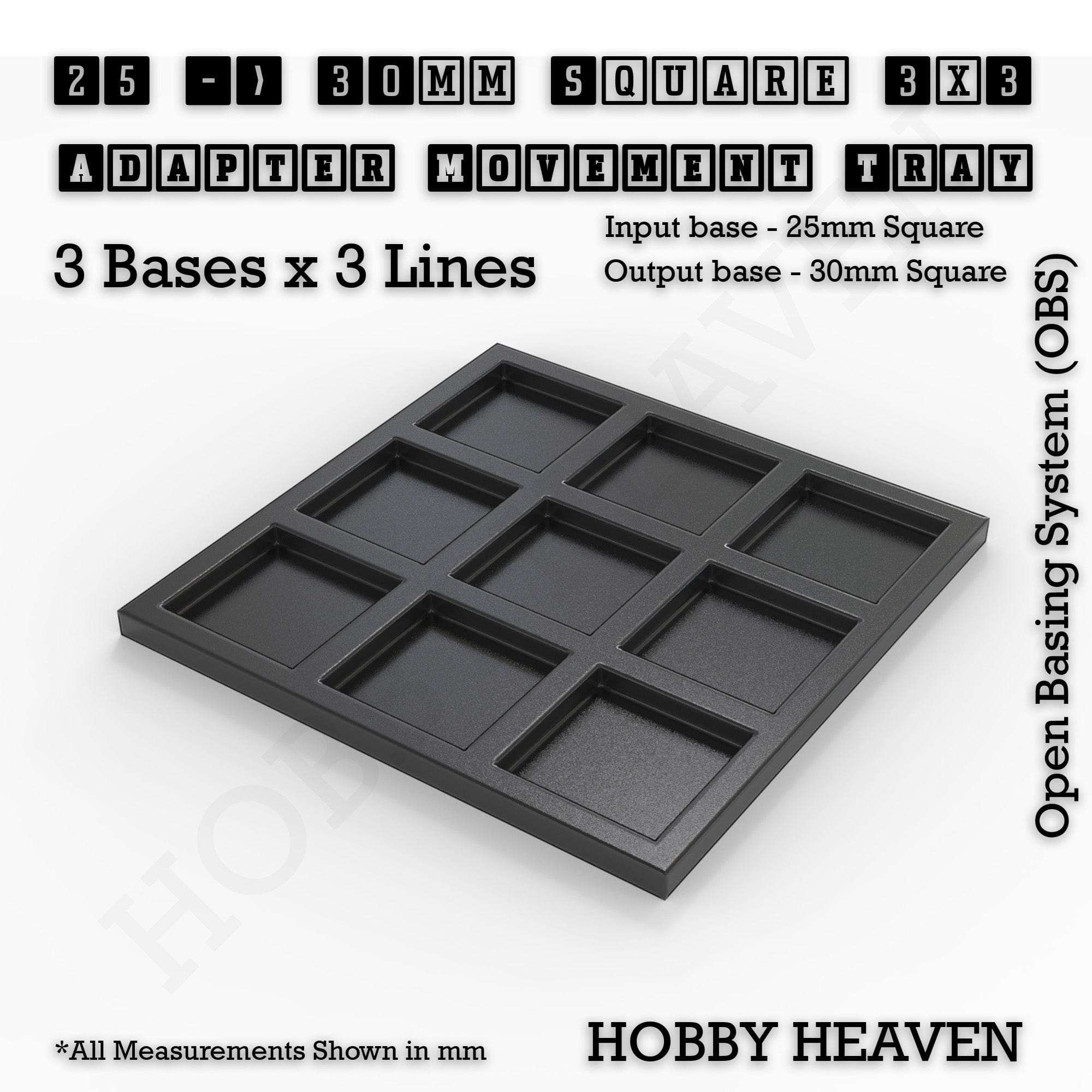 Movement Tray 25 to 30mm Adapter 3x3 (3 bases x 3 Lines) Square and Rectangle Movement Trays Adapters for Tabletop Games