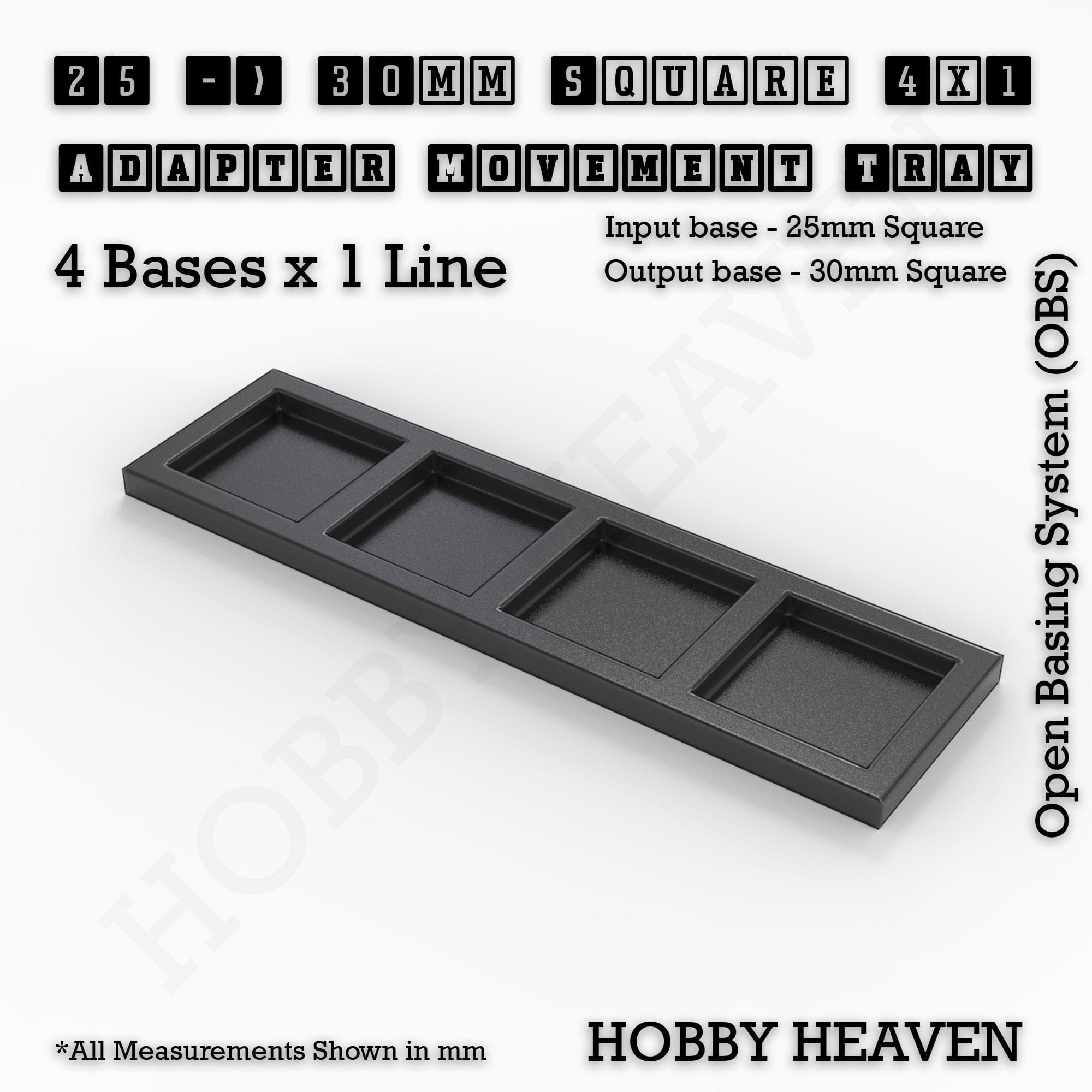 Movement Tray 25 to 30mm Adapter 4x1 (4 bases x 1 Line) Square and Rectangle Movement Trays Adapters for Tabletop Games