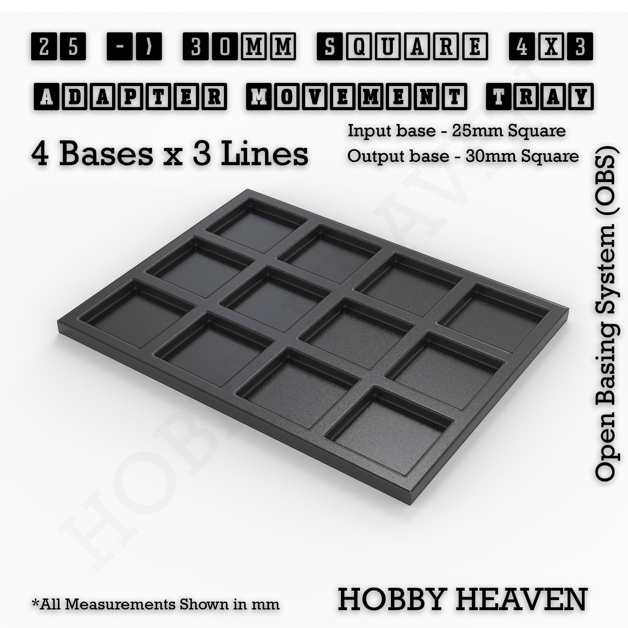 Movement Tray 25 to 30mm Adapter 4x3 (4 bases x 3 Lines) Square and Rectangle Movement Trays Adapters for Tabletop Games
