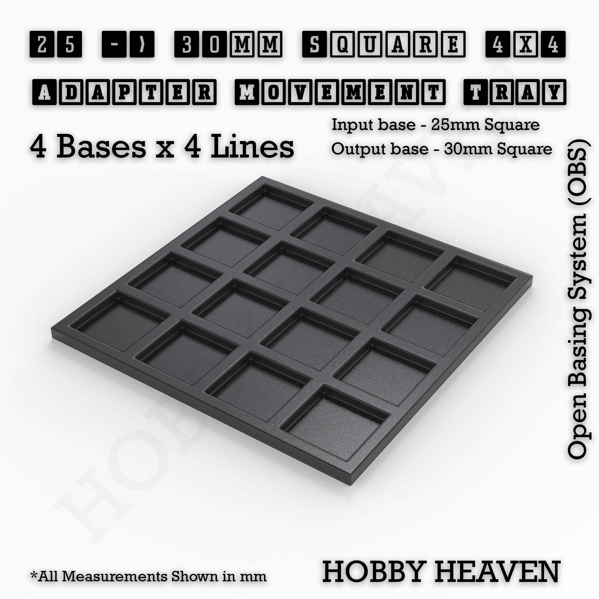 Movement Tray 25 to 30mm Adapter 4x4 (4 bases x 4 Lines) Square and Rectangle Movement Trays Adapters for Tabletop Games