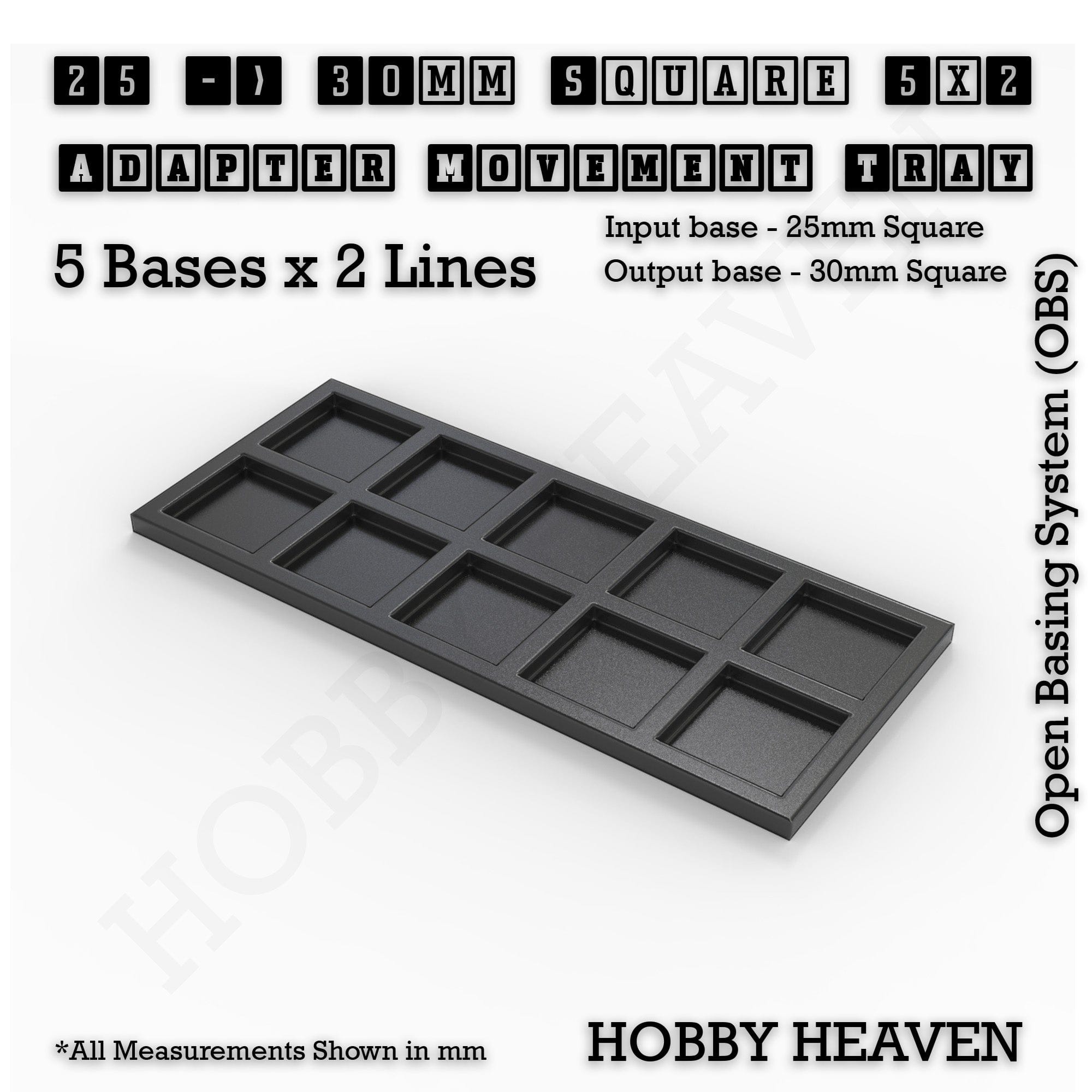 Movement Tray 25 to 30mm Adapter 5x2 (5 bases x 2 Lines) Square and Rectangle Movement Trays Adapters for Tabletop Games