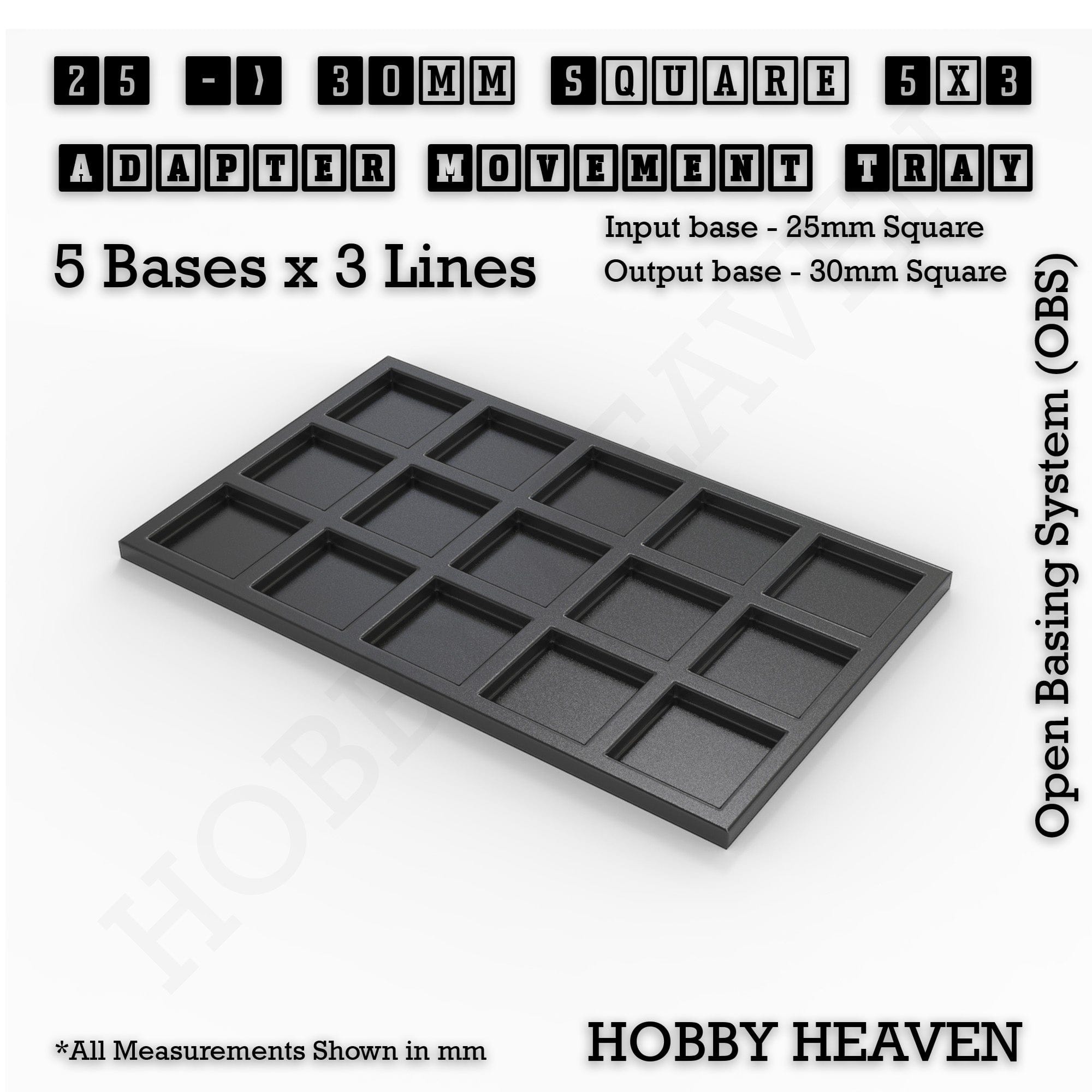 Movement Tray 25 to 30mm Adapter 5x3 (5 bases x 3 Lines) Square and Rectangle Movement Trays Adapters for Tabletop Games