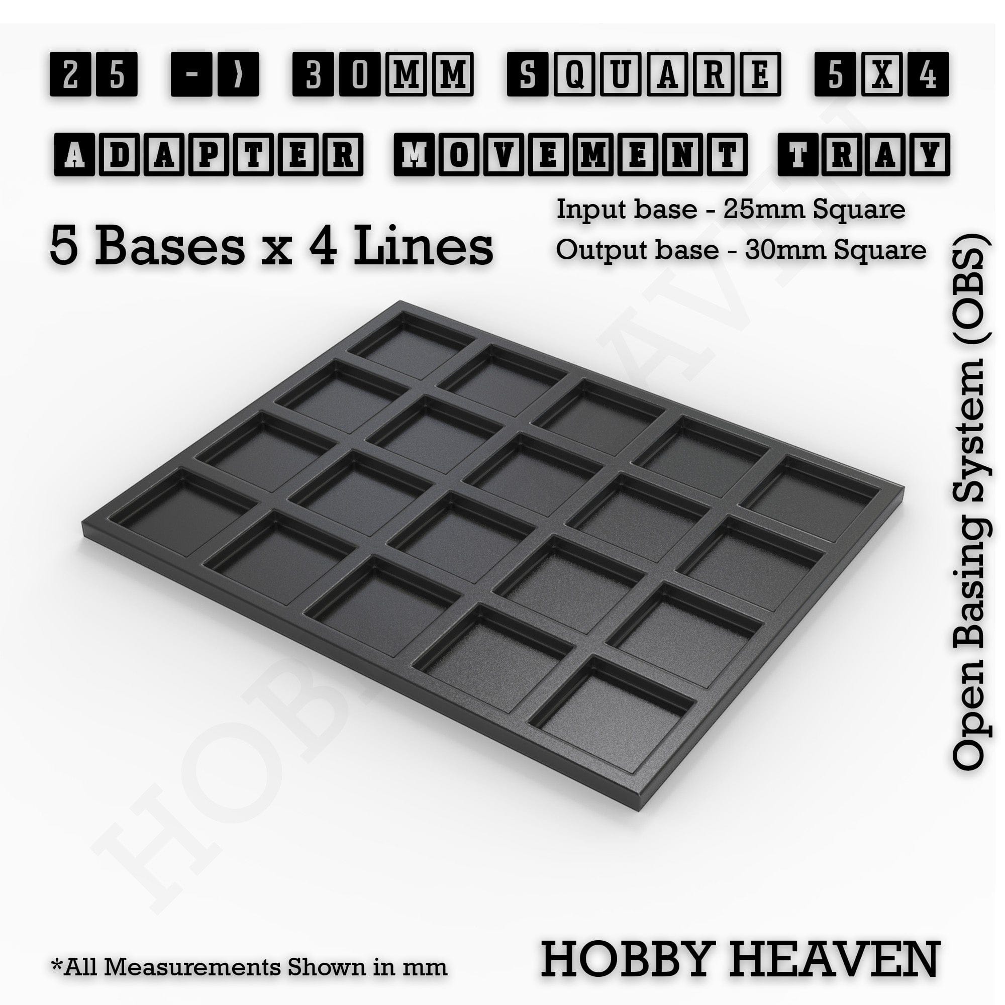 Movement Tray 25 to 30mm Adapter 5x4 (5 bases x 4 Lines) Square and Rectangle Movement Trays Adapters for Tabletop Games