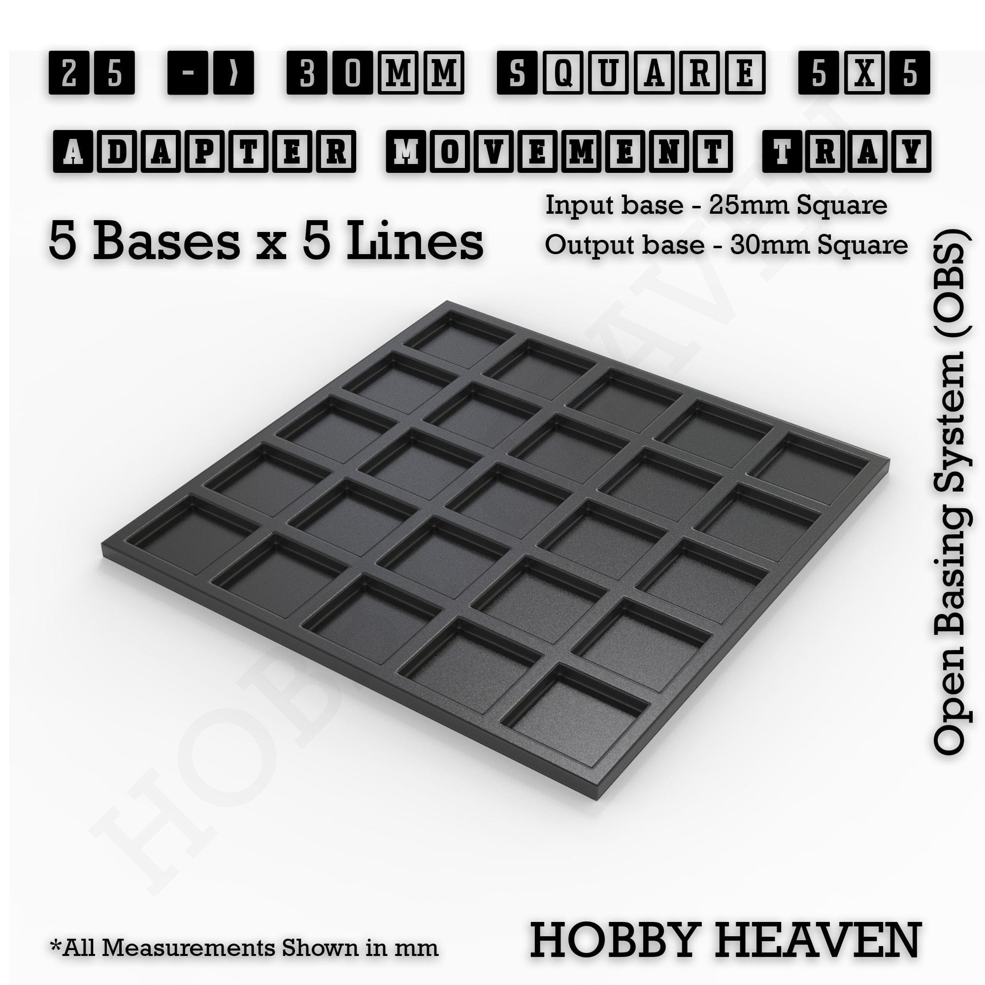 Movement Tray 25 to 30mm Adapter 5x5 (5 bases x 5 Lines) Square and Rectangle Movement Trays Adapters for Tabletop Games