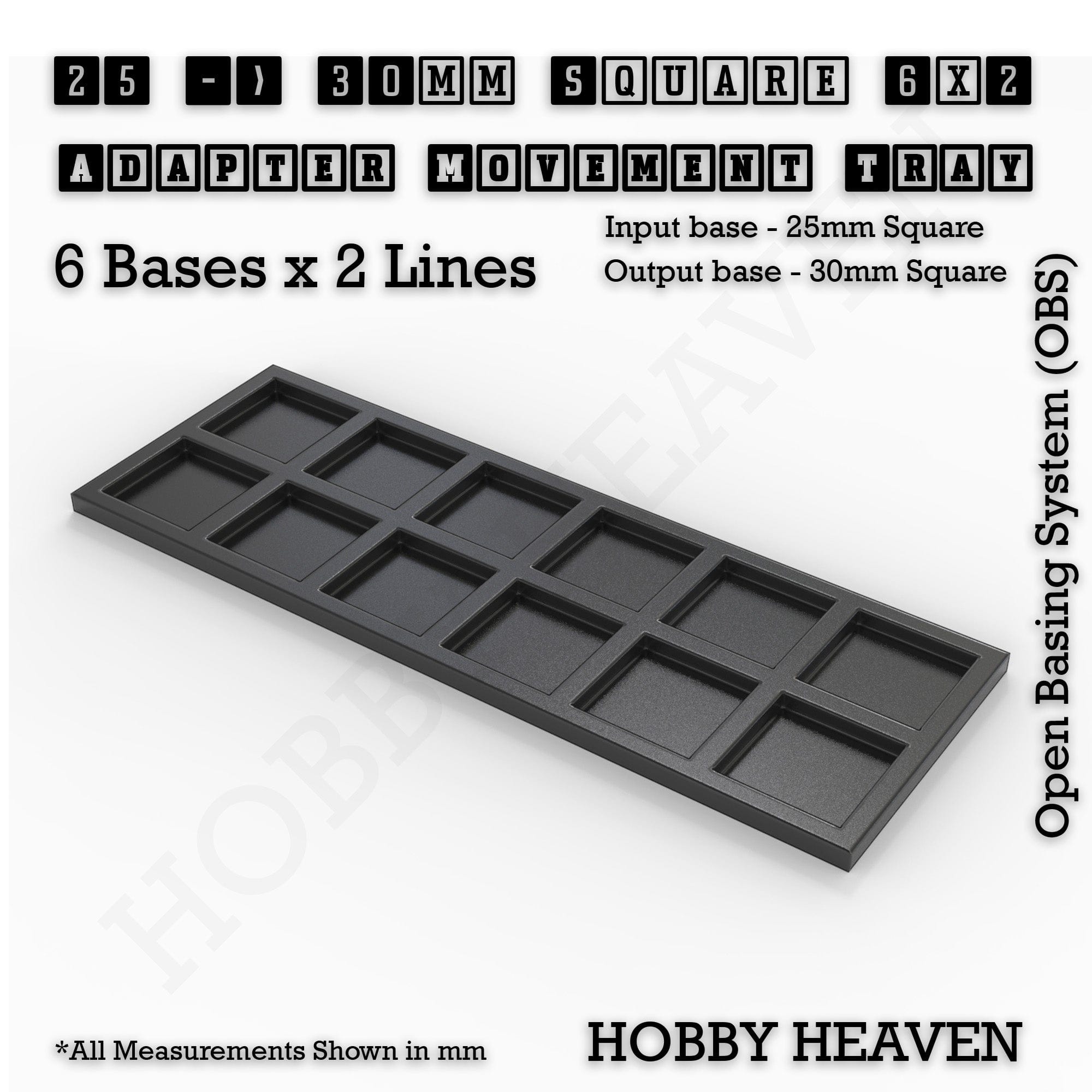 Movement Tray 25 to 30mm Adapter 6x2 (6 bases x 2 Lines) Square and Rectangle Movement Trays Adapters for Tabletop Games