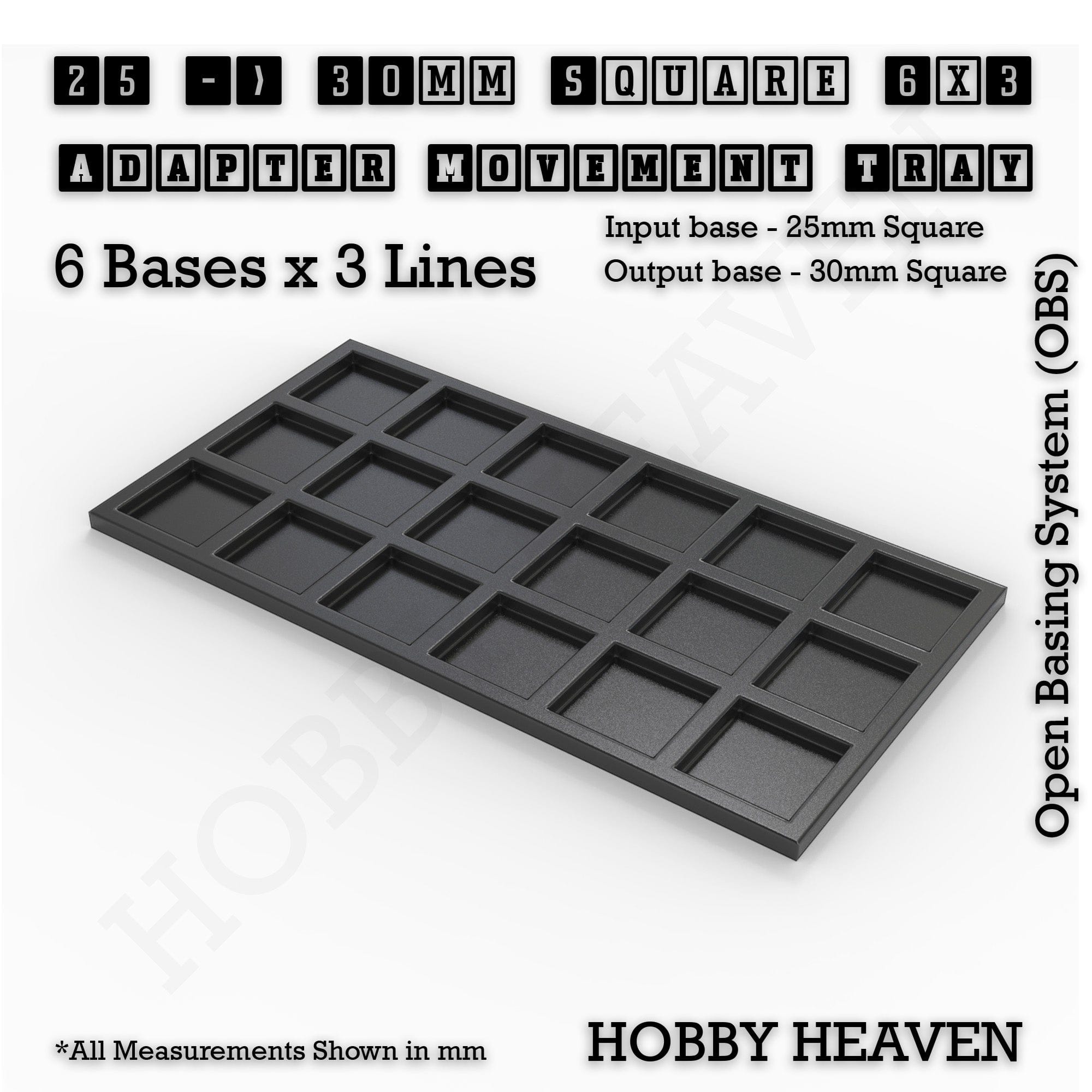 Movement Tray 25 to 30mm Adapter 6x3 (6 bases x 3 Lines) Square and Rectangle Movement Trays Adapters for Tabletop Games