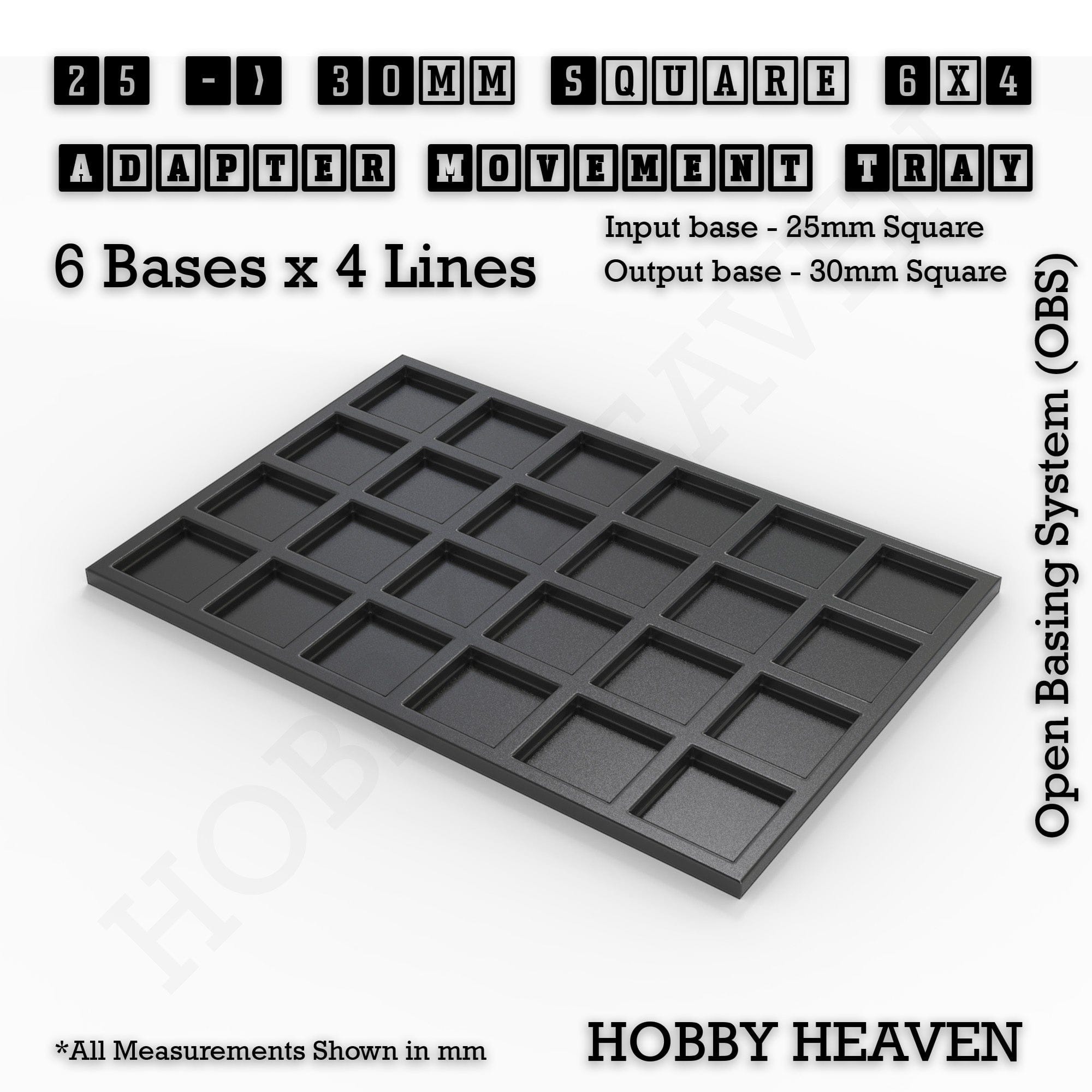 Movement Tray 25 to 30mm Adapter 6x4 (6 bases x 4 Lines) Square and Rectangle Movement Trays Adapters for Tabletop Games