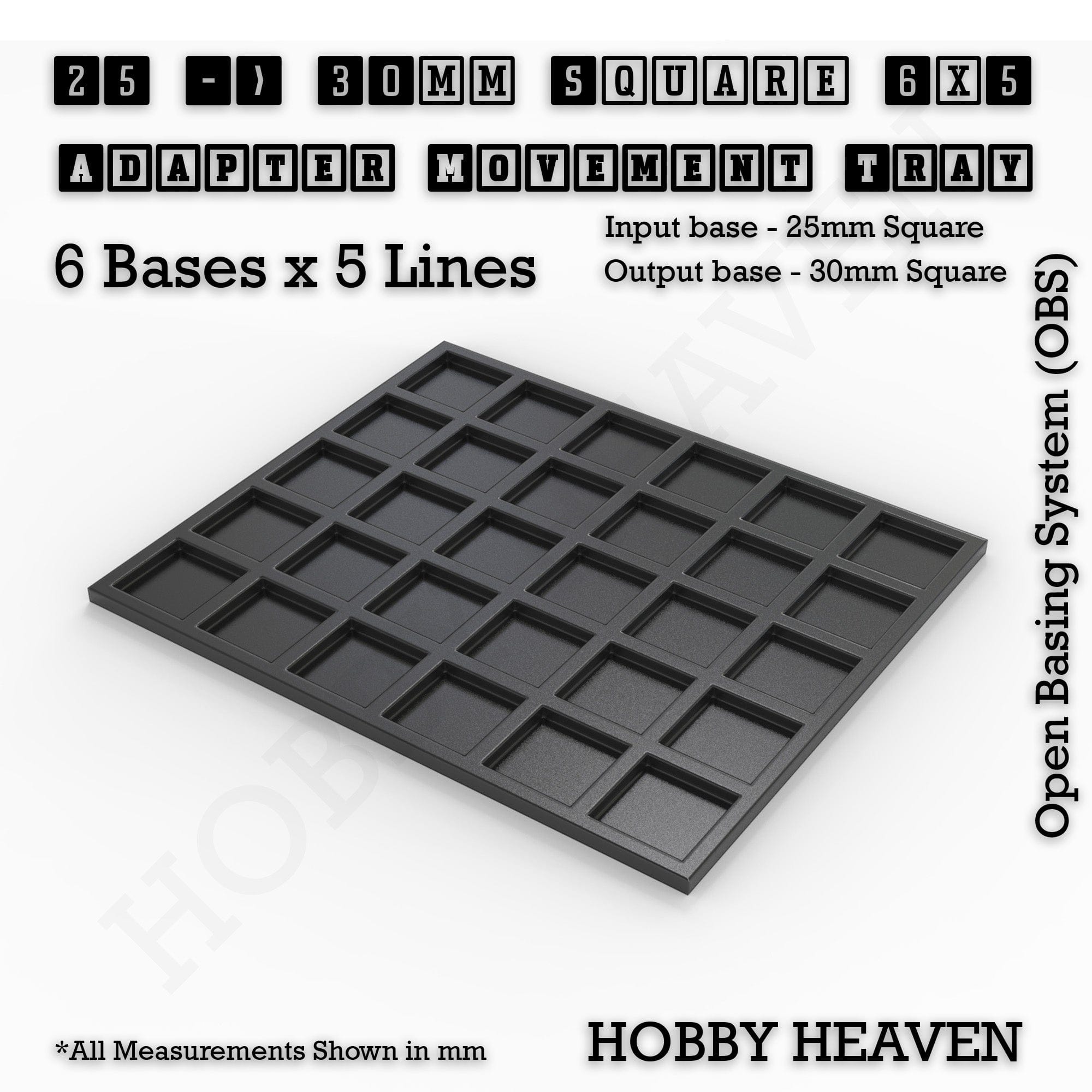 Movement Tray 25 to 30mm Adapter 6x5 (6 bases x 5 Lines) Square and Rectangle Movement Trays Adapters for Tabletop Games