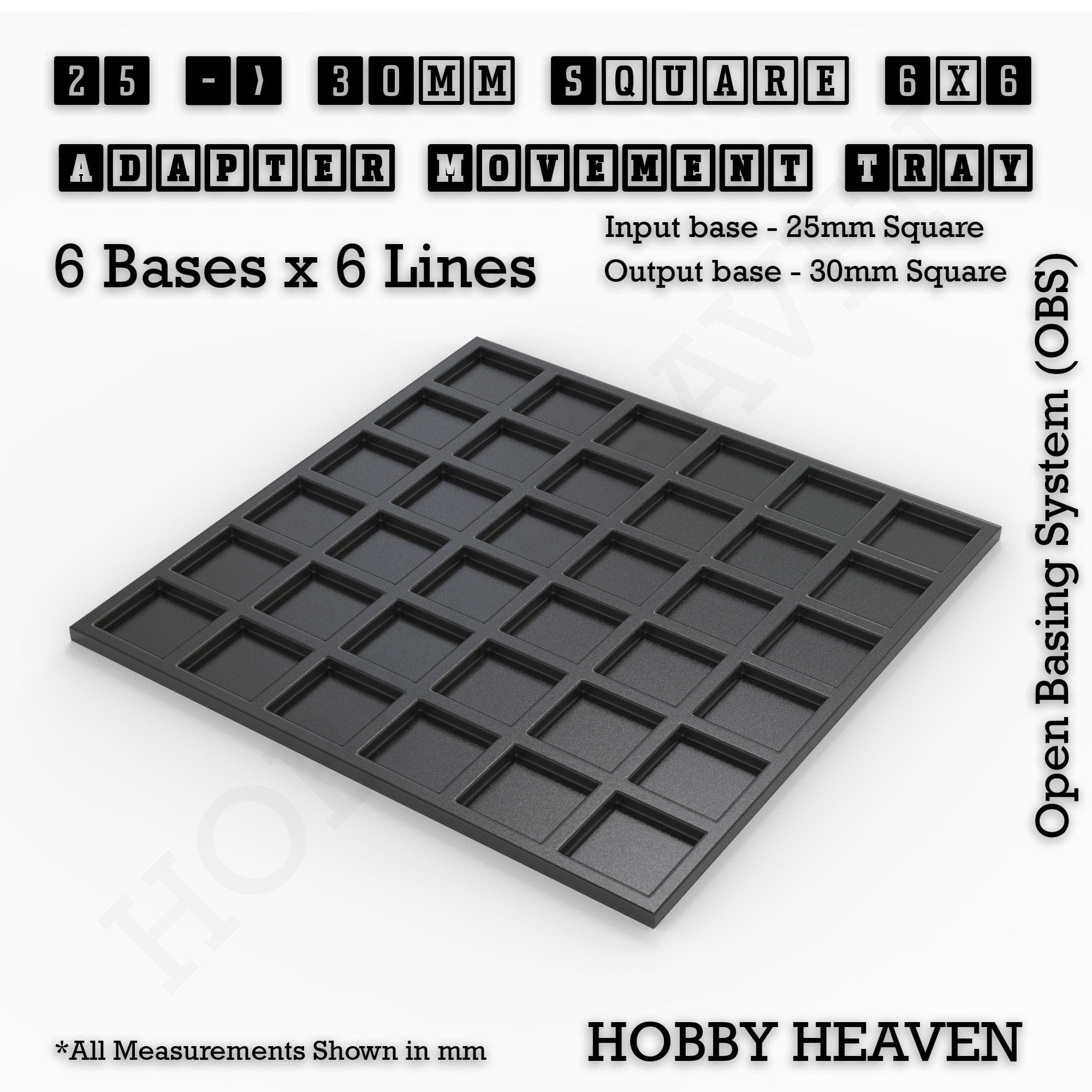 Movement Tray 25 to 30mm Adapter 6x6 (6 bases x 6 Lines) Square and Rectangle Movement Trays Adapters for Tabletop Games