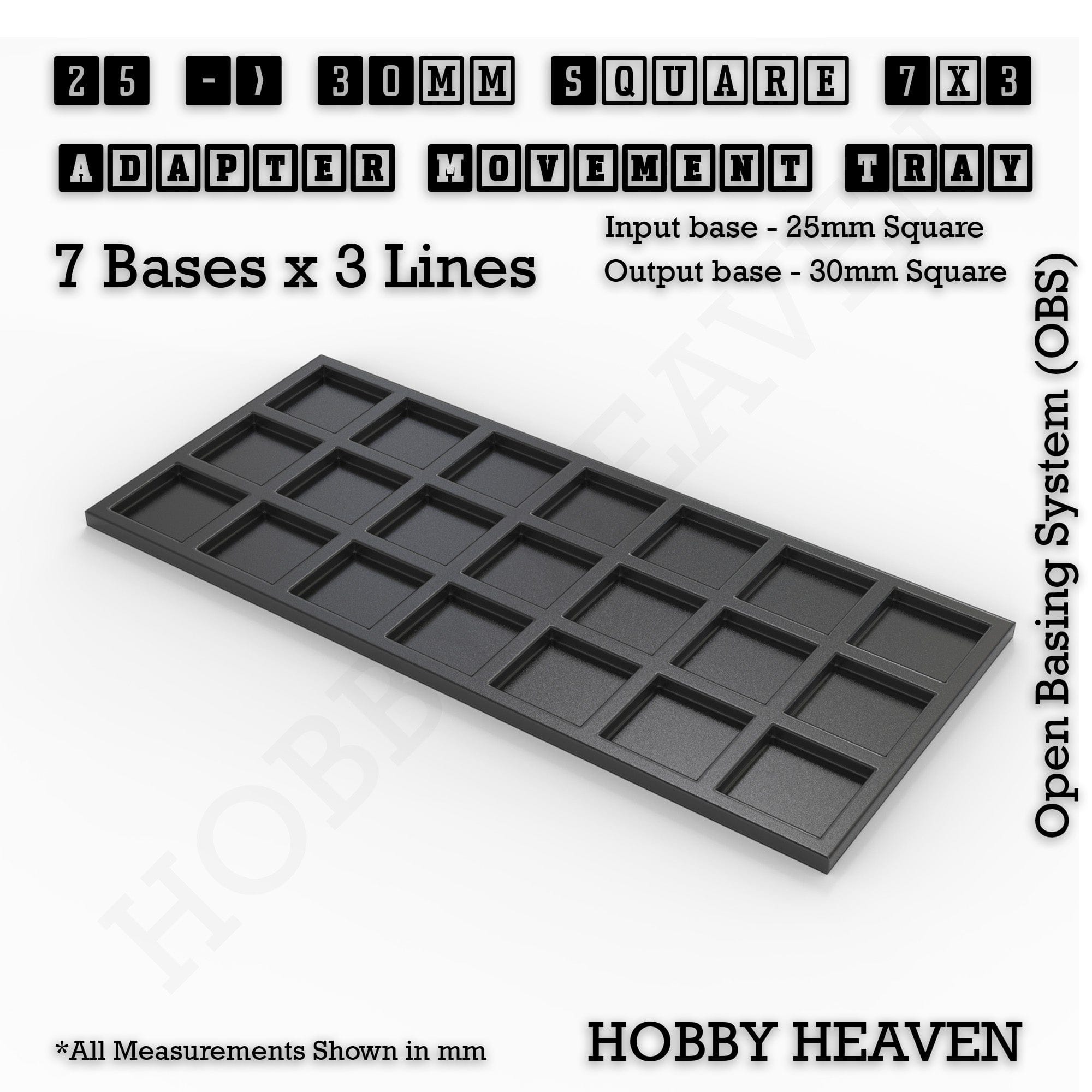 Movement Tray 25 to 30mm Adapter 7x3 (7 bases x 3 Lines) Square and Rectangle Movement Trays Adapters for Tabletop Games