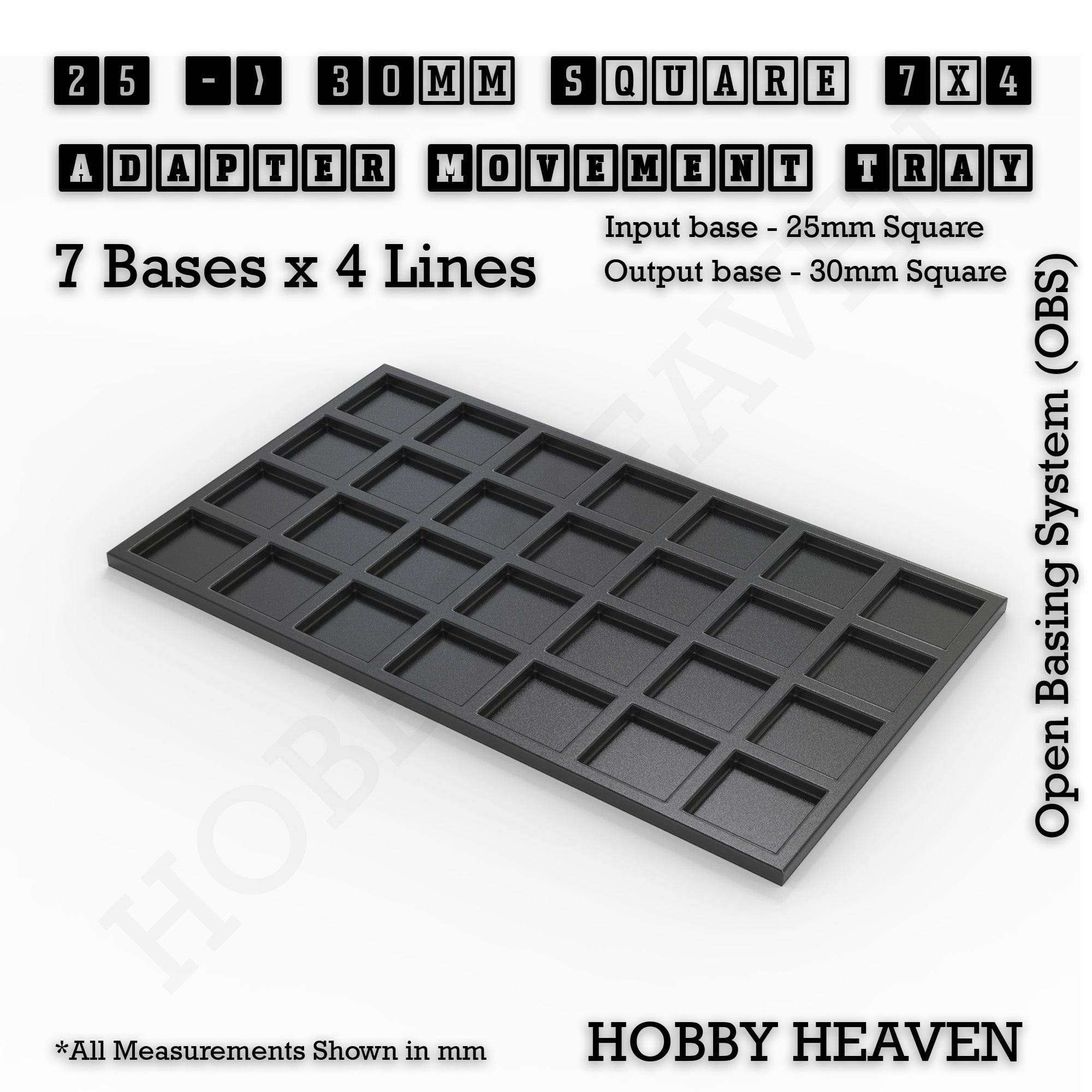 Movement Tray 25 to 30mm Adapter 7x4 (7 bases x 4 Lines) Square and Rectangle Movement Trays Adapters for Tabletop Games