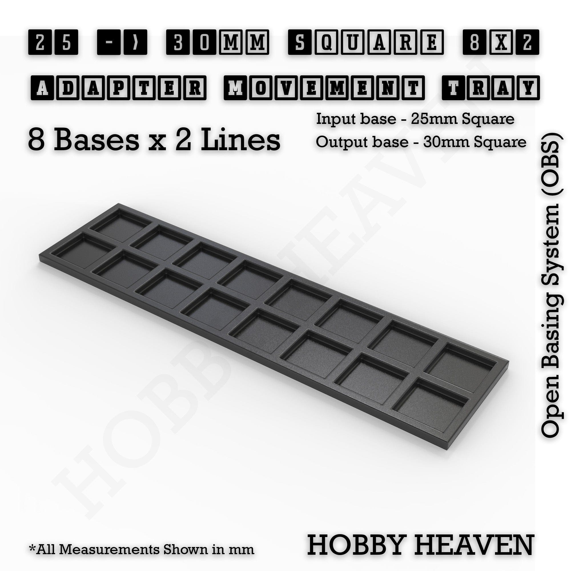 Movement Tray 25 to 30mm Adapter 8x2 (8 bases x 2 Lines) Square and Rectangle Movement Trays Adapters for Tabletop Games
