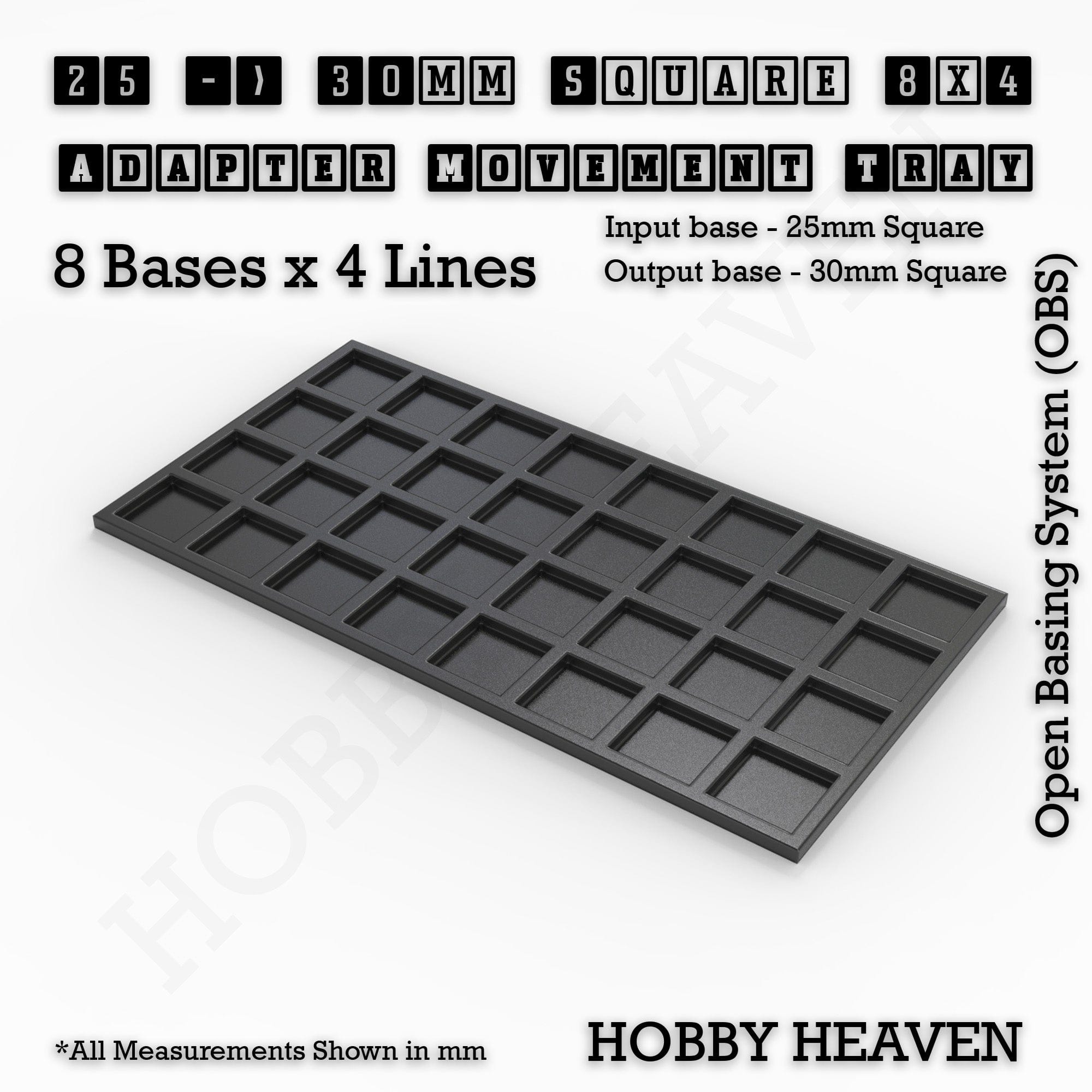 Movement Tray 25 to 30mm Adapter 8x4 (8 bases x 4 Lines) Square and Rectangle Movement Trays Adapters for Tabletop Games