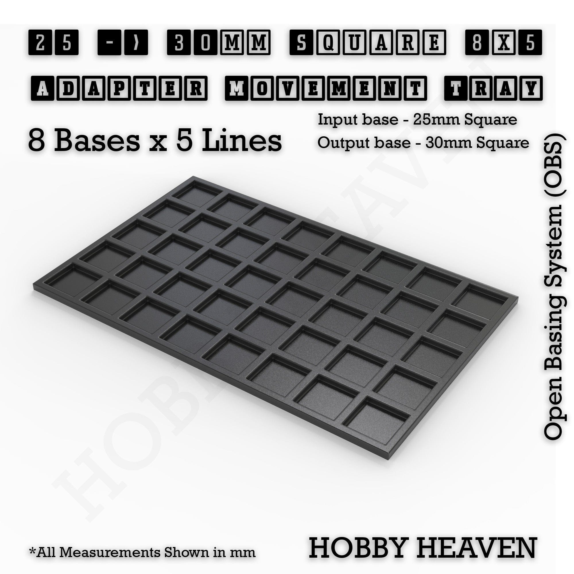 Movement Tray 25 to 30mm Adapter 8x5 (8 bases x 5 Lines) Square and Rectangle Movement Trays Adapters for Tabletop Games