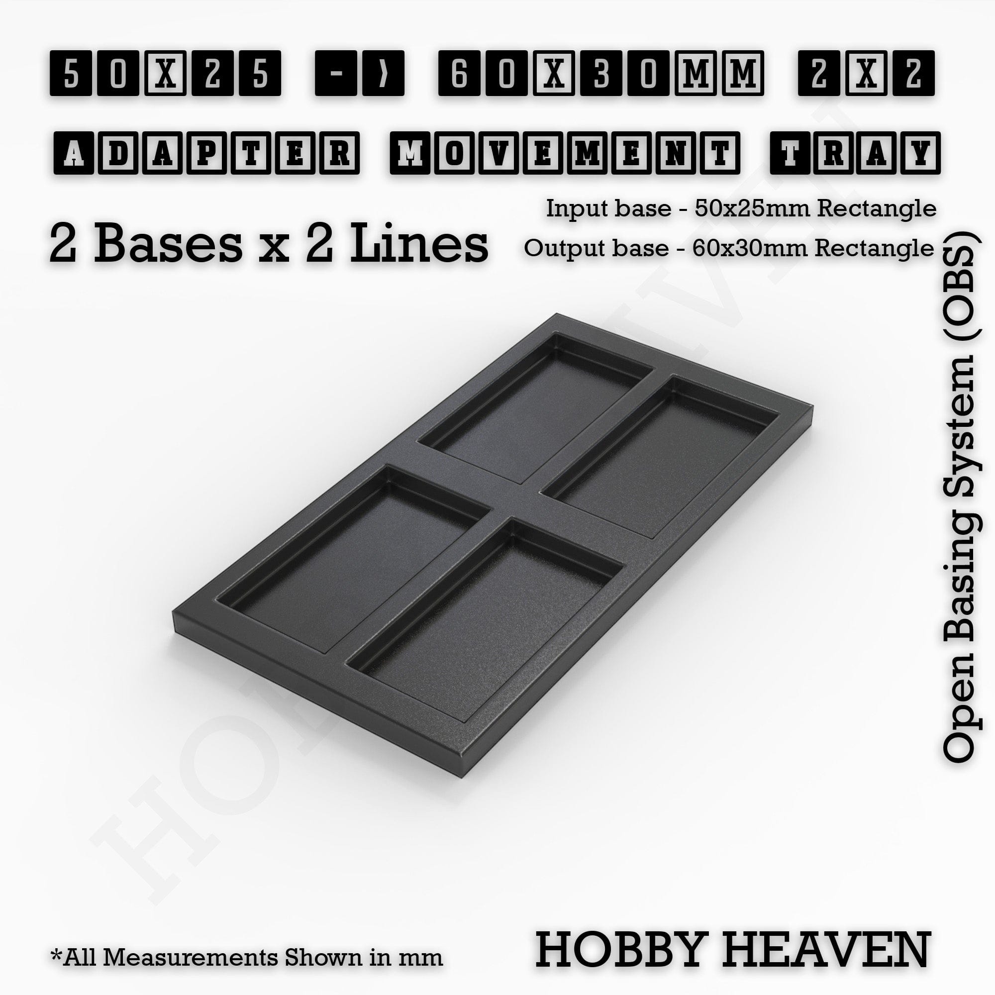 Movement Tray 50x25 to 60x30mm Adapter 2x2 (2 bases x 2 Lines) Square and Rectangle Movement Trays Adapters for Tabletop Games