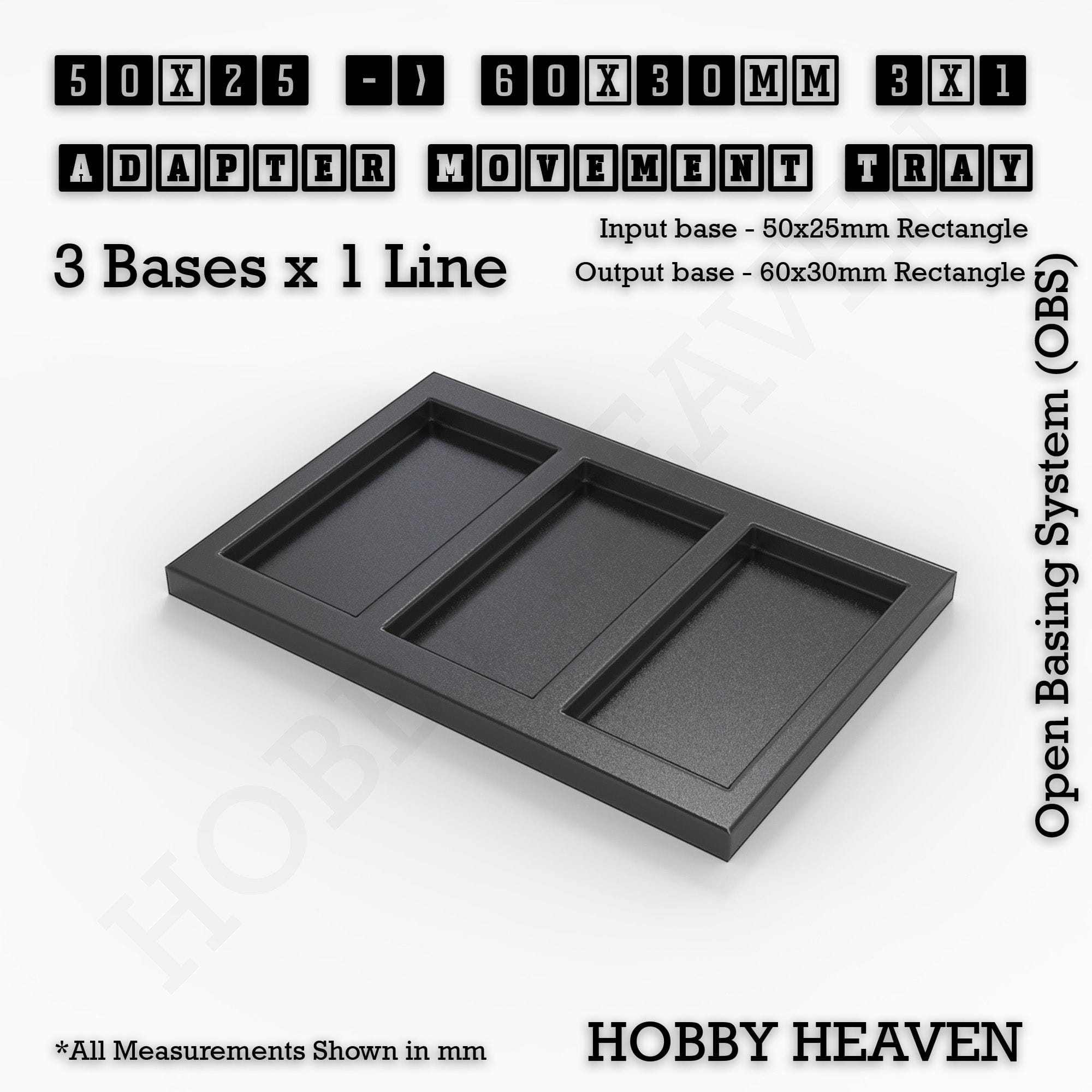 Movement Tray 50x25 to 60x30mm Adapter 3x1 (3 bases x 1 Line) Square and Rectangle Movement Trays Adapters for Tabletop Games