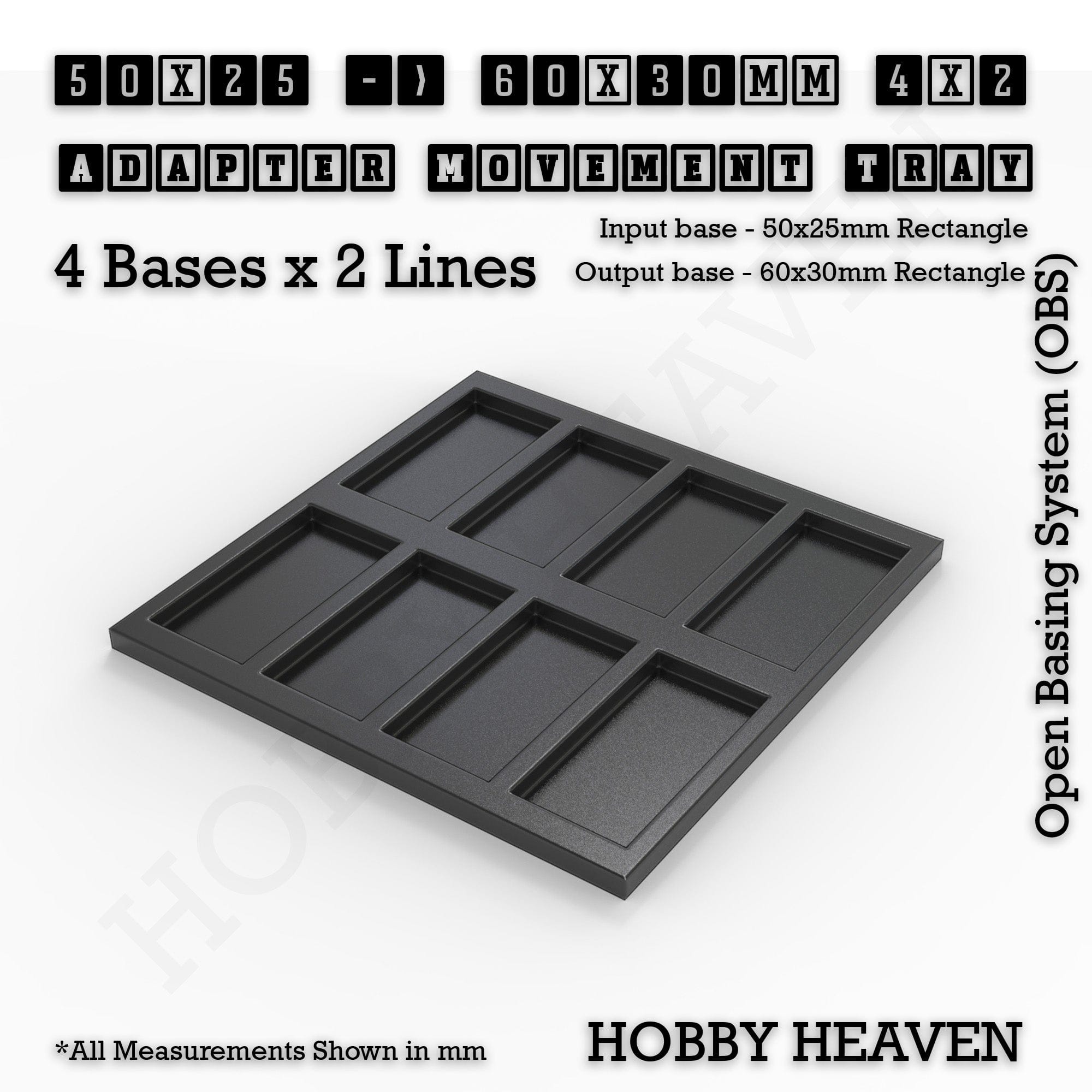 Movement Tray 50x25 to 60x30mm Adapter 4x2 (4 bases x 2 Lines) Square and Rectangle Movement Trays Adapters for Tabletop Games