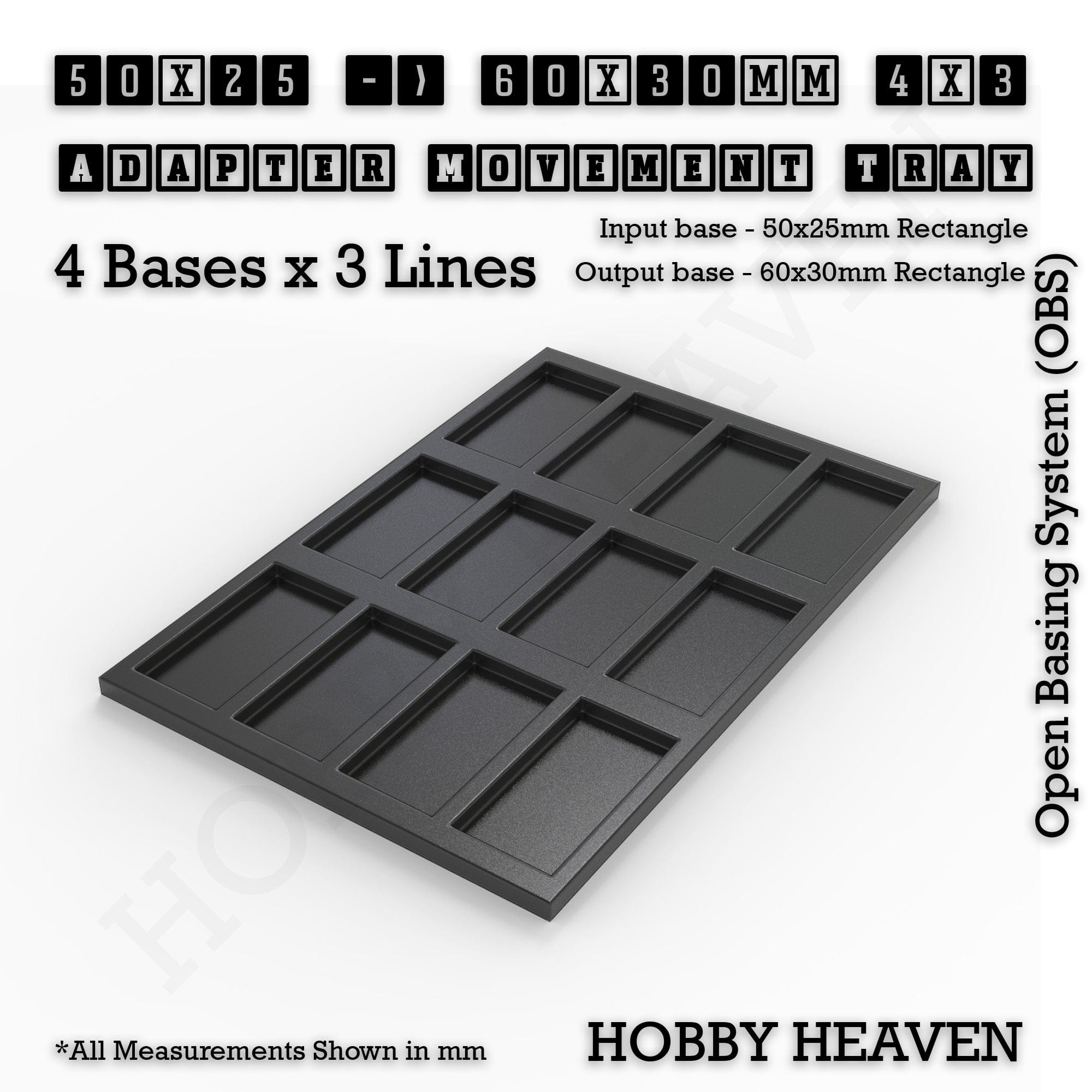 Movement Tray 50x25 to 60x30mm Adapter 4x3 (4 bases x 3 Lines) Square and Rectangle Movement Trays Adapters for Tabletop Games