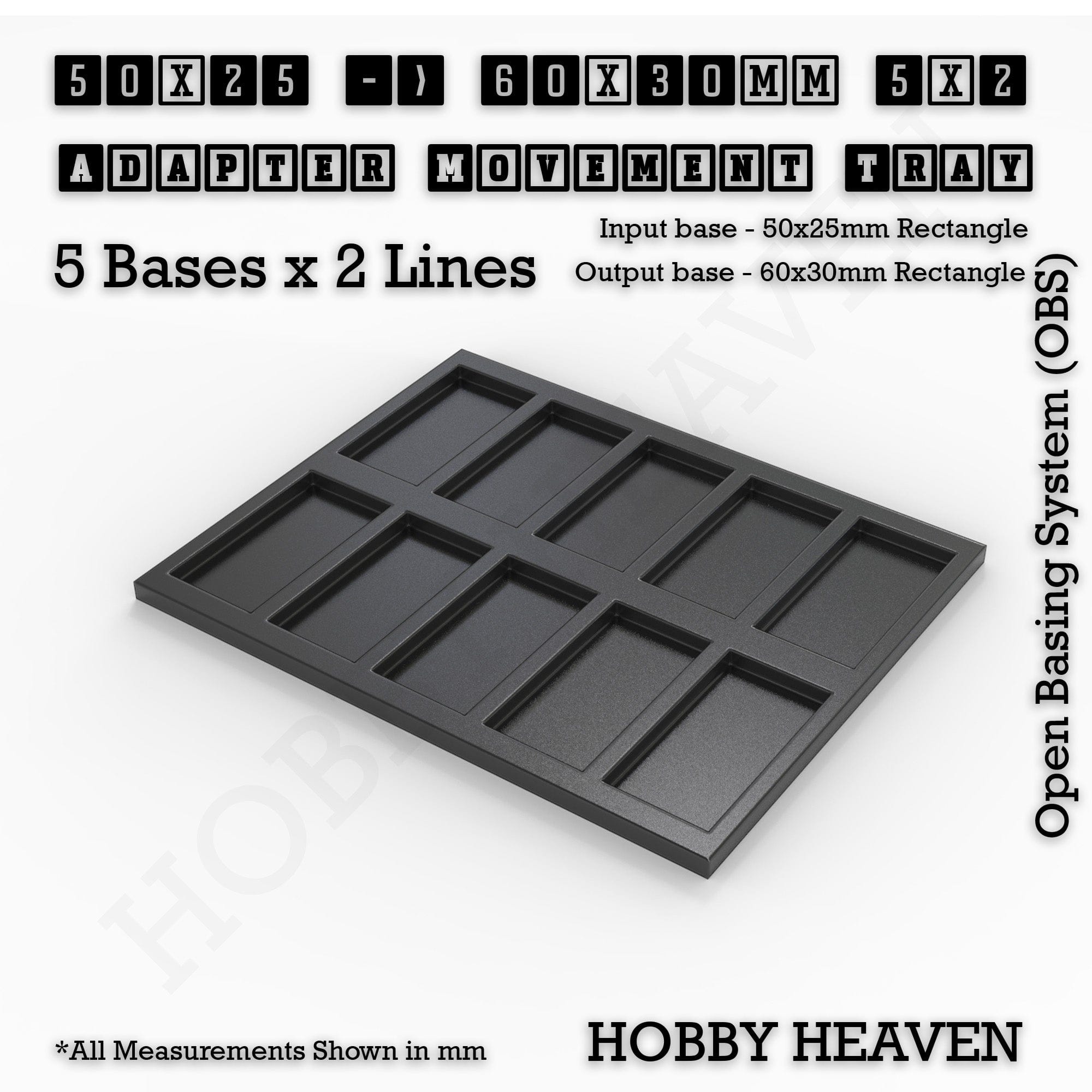 Movement Tray 50x25 to 60x30mm Adapter 5x2 (5 bases x 2 Lines) Square and Rectangle Movement Trays Adapters for Tabletop Games