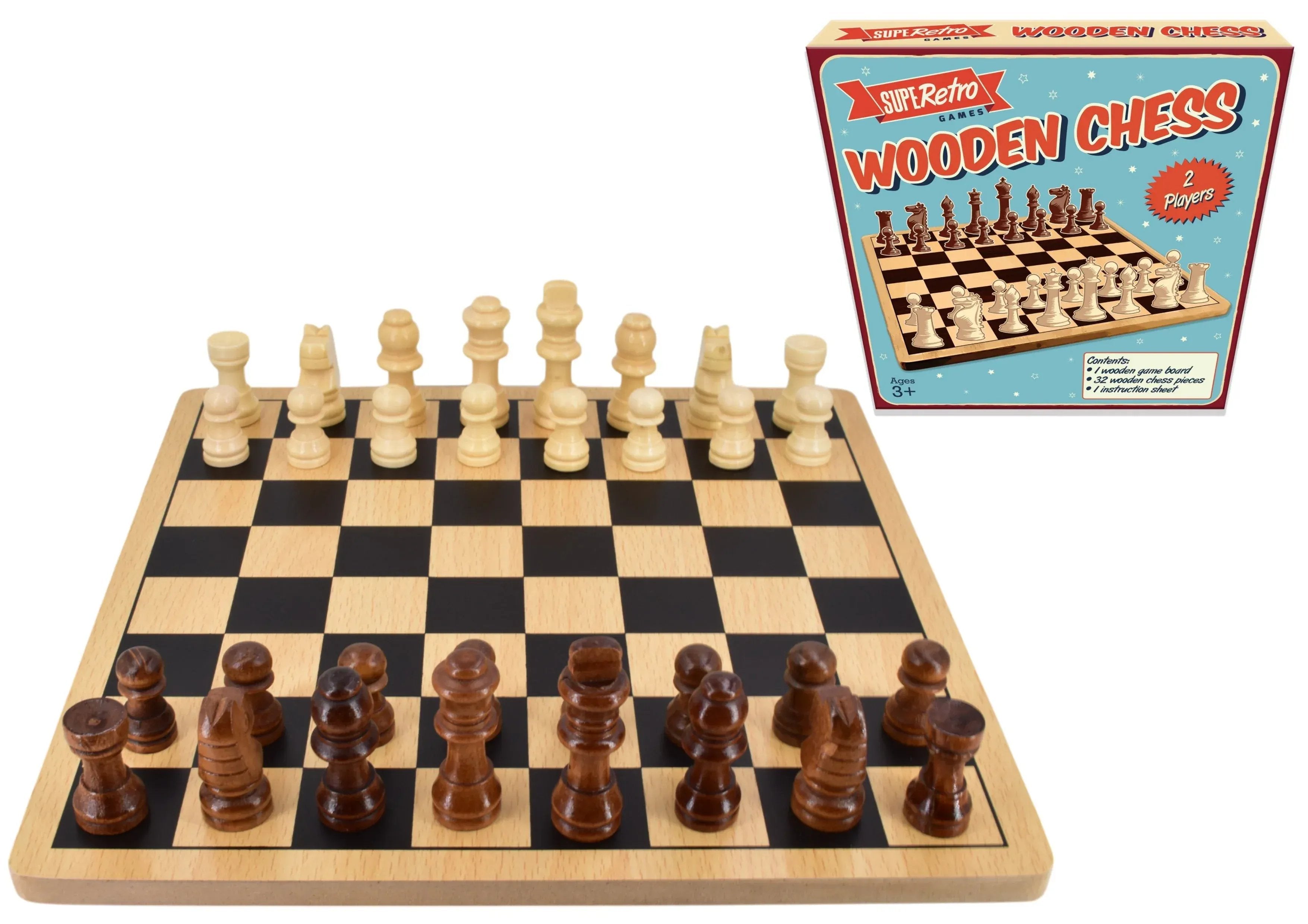 Rooleo "Retro" Wooden Board Chess - Colour Box